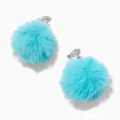 Teal Pom Pom 1.5" Clip-On Drop Earrings
