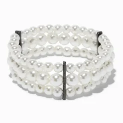 Three-Row Pearl & Hematite Stretch Bracelet