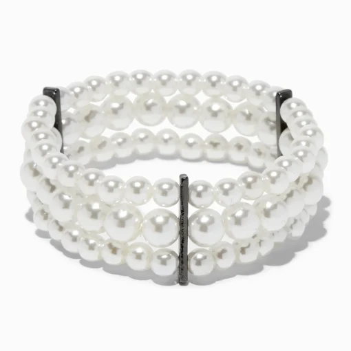 Three-Row Pearl & Hematite Stretch Bracelet