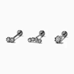 Titanium Graduated Curve Crystal 18G Threadless Cartilage Earrings - 3 Pack