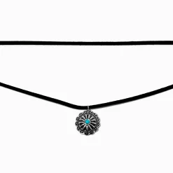 Turquoise Coin Black Cord Cowgirl Multi-Strand Necklace
