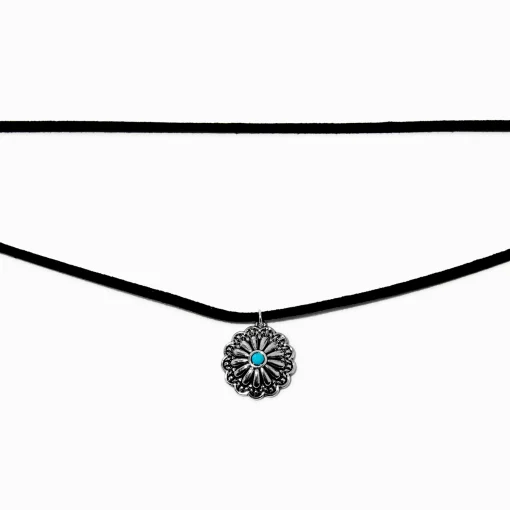 Turquoise Coin Black Cord Cowgirl Multi-Strand Necklace