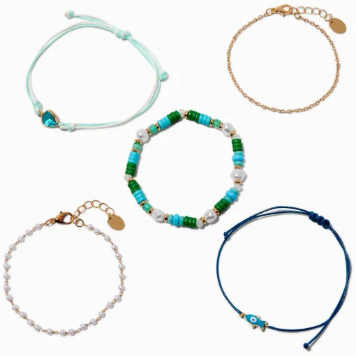 Turquoise Fish & Seashell Bracelet Set - 5 Pack