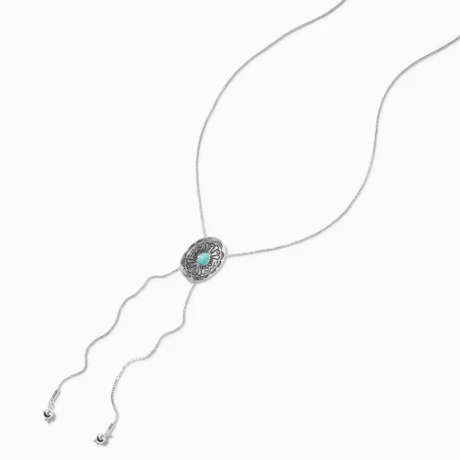 Turquoise Medallion Cowgirl Silver-tone Bolo Necklace