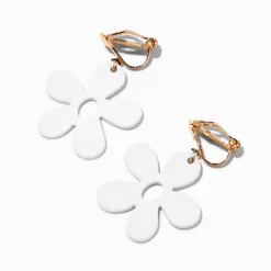 White Daisy Clip-On Drop Earrings