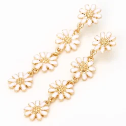 White Daisy Flower Linear 2" Drop Earrings