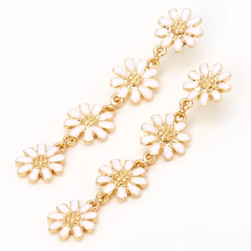 White Daisy Flower Linear 2" Drop Earrings