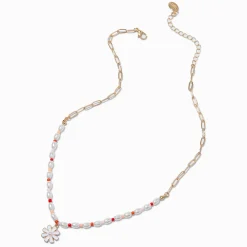 White Daisy Half Beaded & Gold-tone Paperclip Chain Pendant Necklace