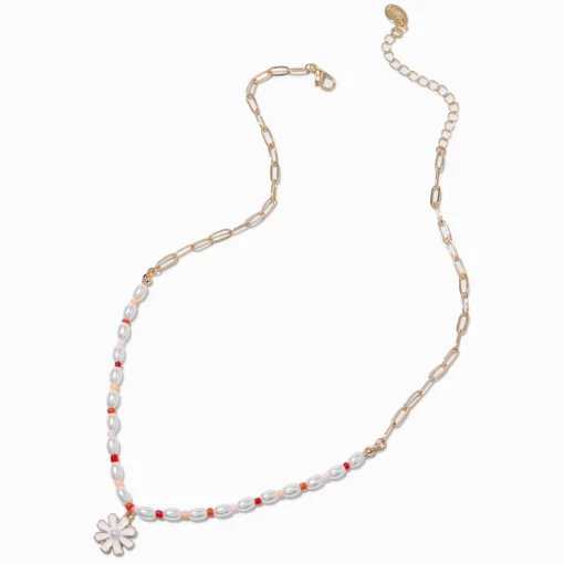 White Daisy Half Beaded & Gold-tone Paperclip Chain Pendant Necklace
