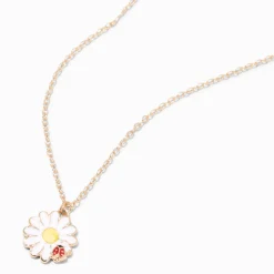 White Daisy With Ladybug Pendant Necklace