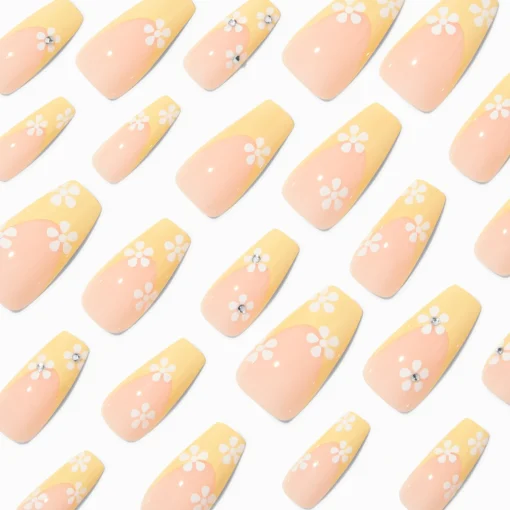 White Daisy Yellow French Tip Squareletto Vegan Faux Nail Set - 24 Pack