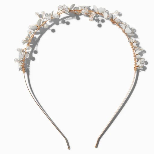 White Floral & Pearl Gold-tone Headband