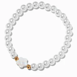 White Flower& Silver-tone Beaded Stretch Bracelet