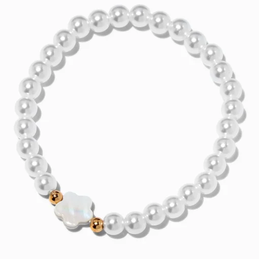 White Flower& Silver-tone Beaded Stretch Bracelet