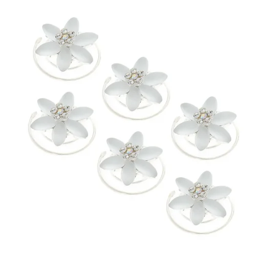 White Frosted Flower Hair Spinners - 6 Pack