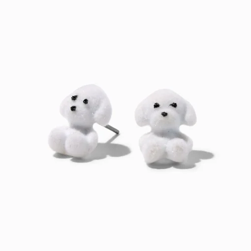 White Fuzzy Puppy Stud Earrings