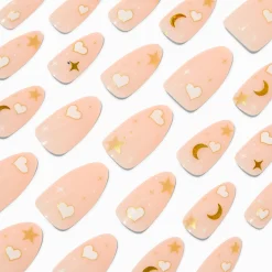 White Heart Stars Long Almond Vegan Faux Nail Set - 24 Pack