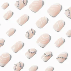 White Swirl Bling Stiletto Faux Nail Set - 24 Pack