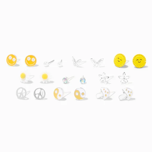 Yellow Sun Silver Stud Earrings - 9 Pack