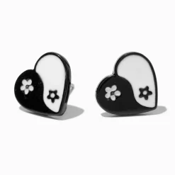 Yin Yang Heart Silver-tone Stud Earrings